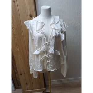 PLEIONE Womens Long Open Ruffle Front Blouse Cardigan Size Large Cream White